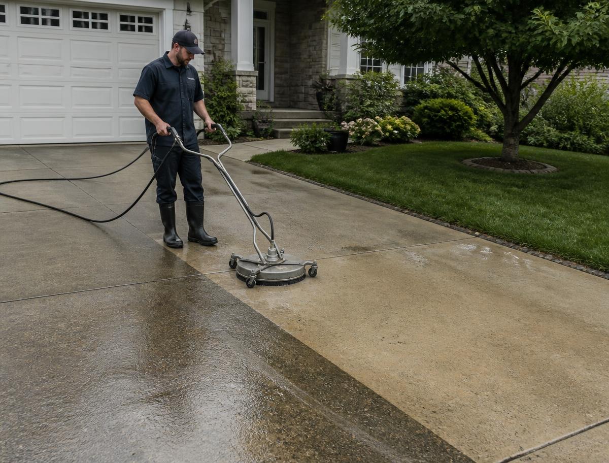 Property-care worker in a dark work shirt using a surface cleaner to pressure wash a residential concrete driveway